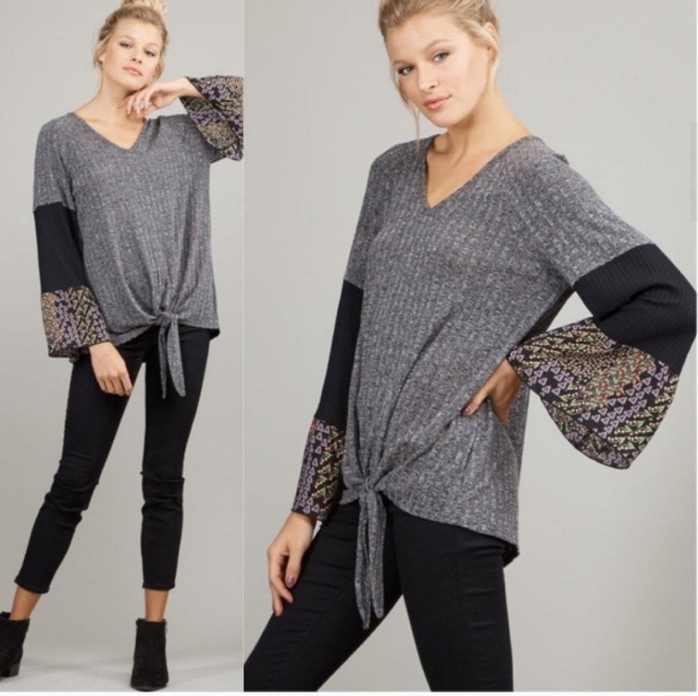 October Love V-Neck Front Tie Contrast Tunic